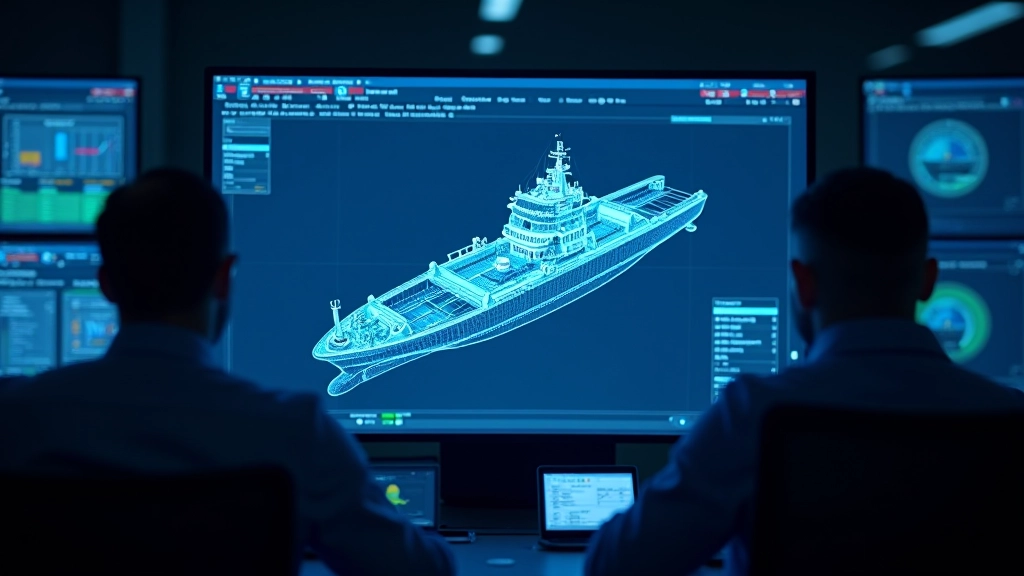 Monitor de control mostrando simulación de ensamblaje de casco en tiempo real, centro de operaciones iluminado con datos técnicos