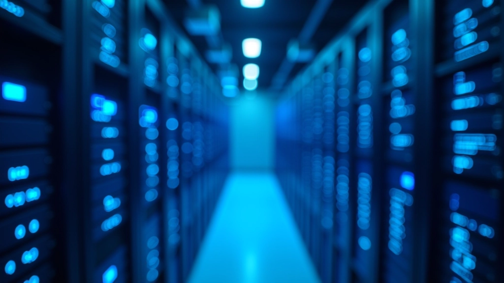 Centro de datos con servidores, luces LED azules, procesamiento de simulaciones de gemelos digitales en tiempo real