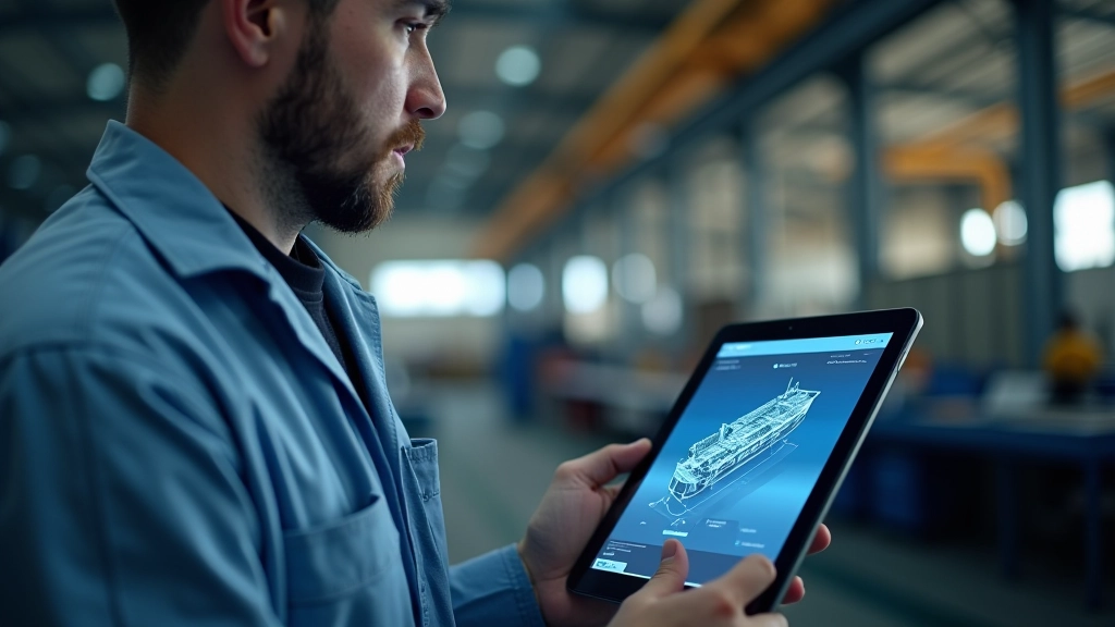 Ingeniero revisando planos digitales de una estructura naval en pantalla táctil, astillero moderno de fondo