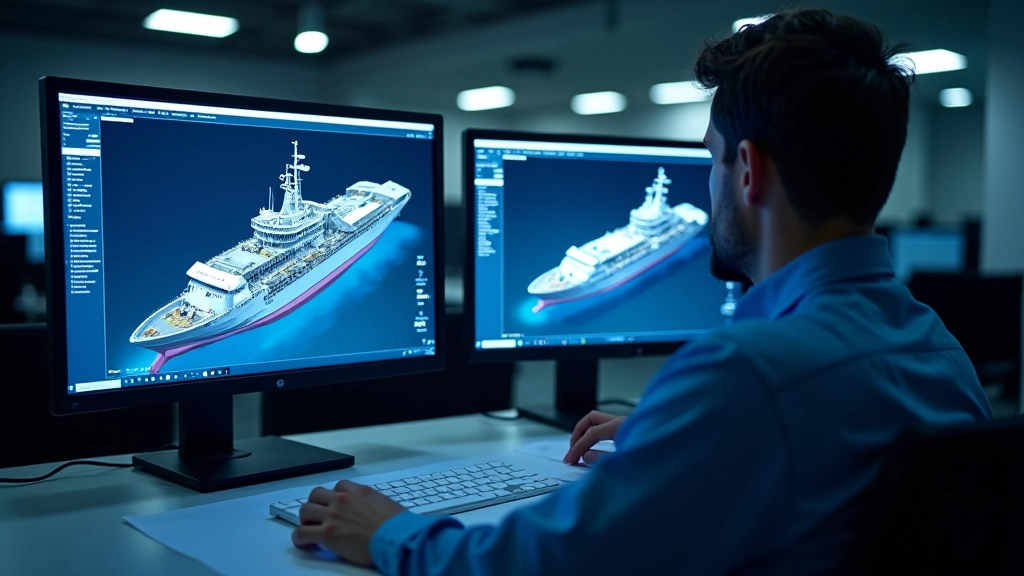 Workstation de ingeniería con múltiples pantallas, modelos 3D de barcos, herramientas CAD profesionales