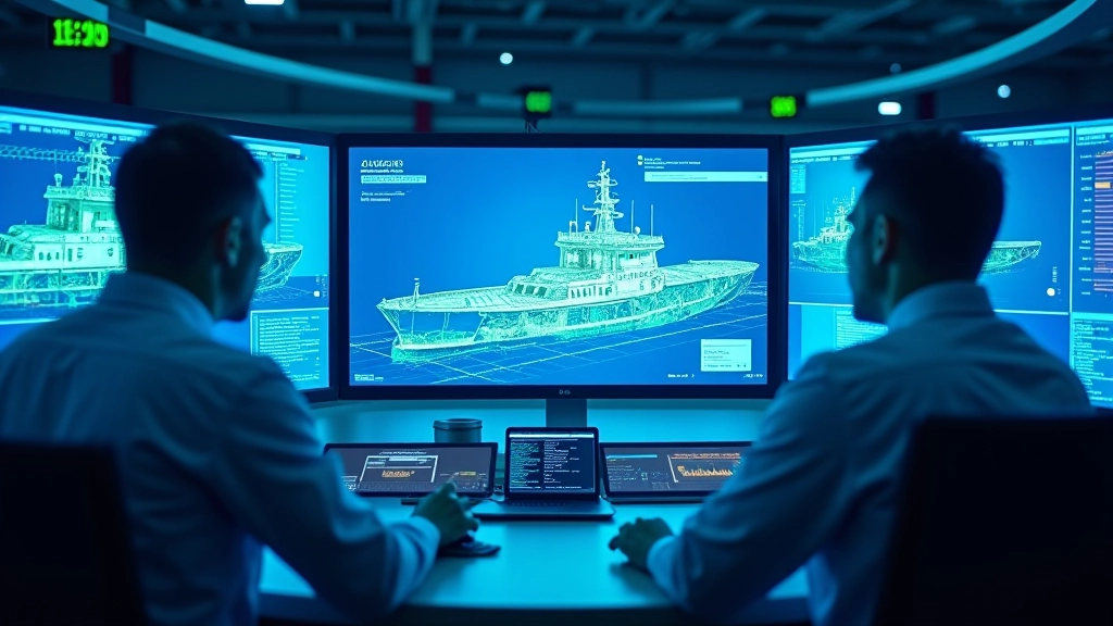 Monitor de control mostrando simulación de ensamblaje de casco de barco en tiempo real, centro de datos iluminado
