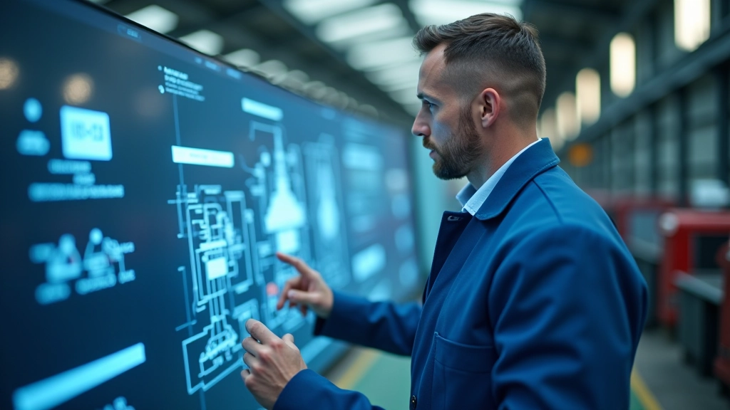 Ingeniero naval examinando planos digitales en pantalla táctil interactiva, astillero moderno con estructuras de acero al fondo