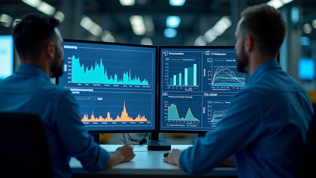 Pantalla de monitoreo en tiempo real mostrando métricas de construcción, líneas de progreso, gráficos de eficiencia en astillero